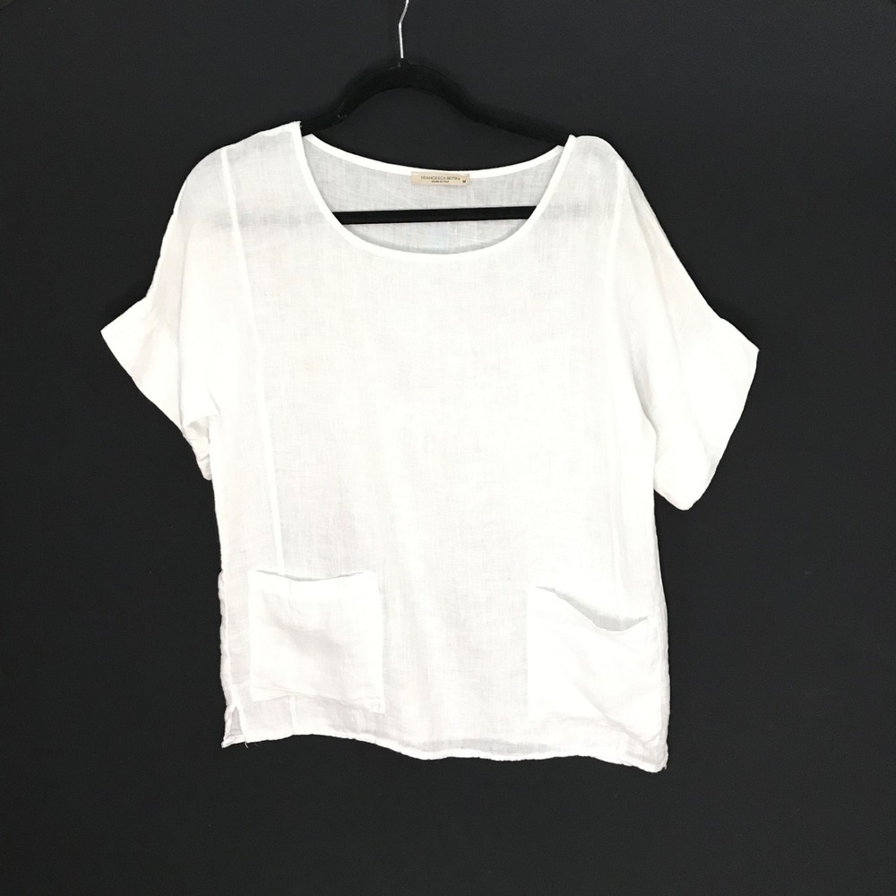 Francesca Bettini Size M 100% Linen Top Made In Italy White Shirt Pockets